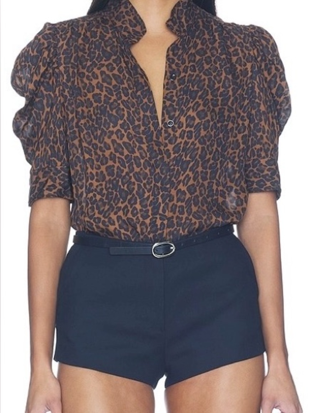 FRAME Gillian Silk Leopard Print Puff Sleeve Top